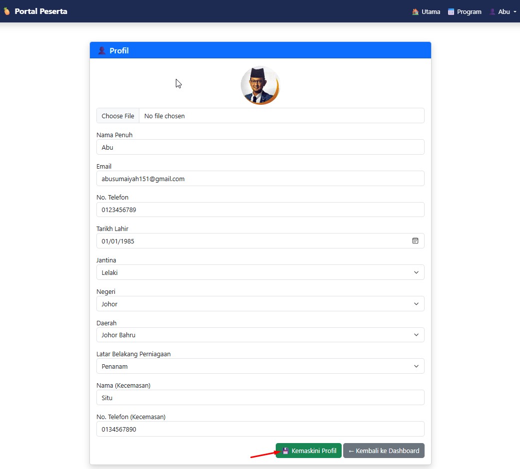 Paparan profil peserta untuk dikemaskini