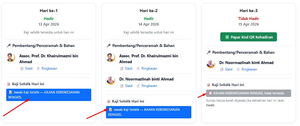 Butang Jawab Kaji Selidik pada Dashboard Peserta